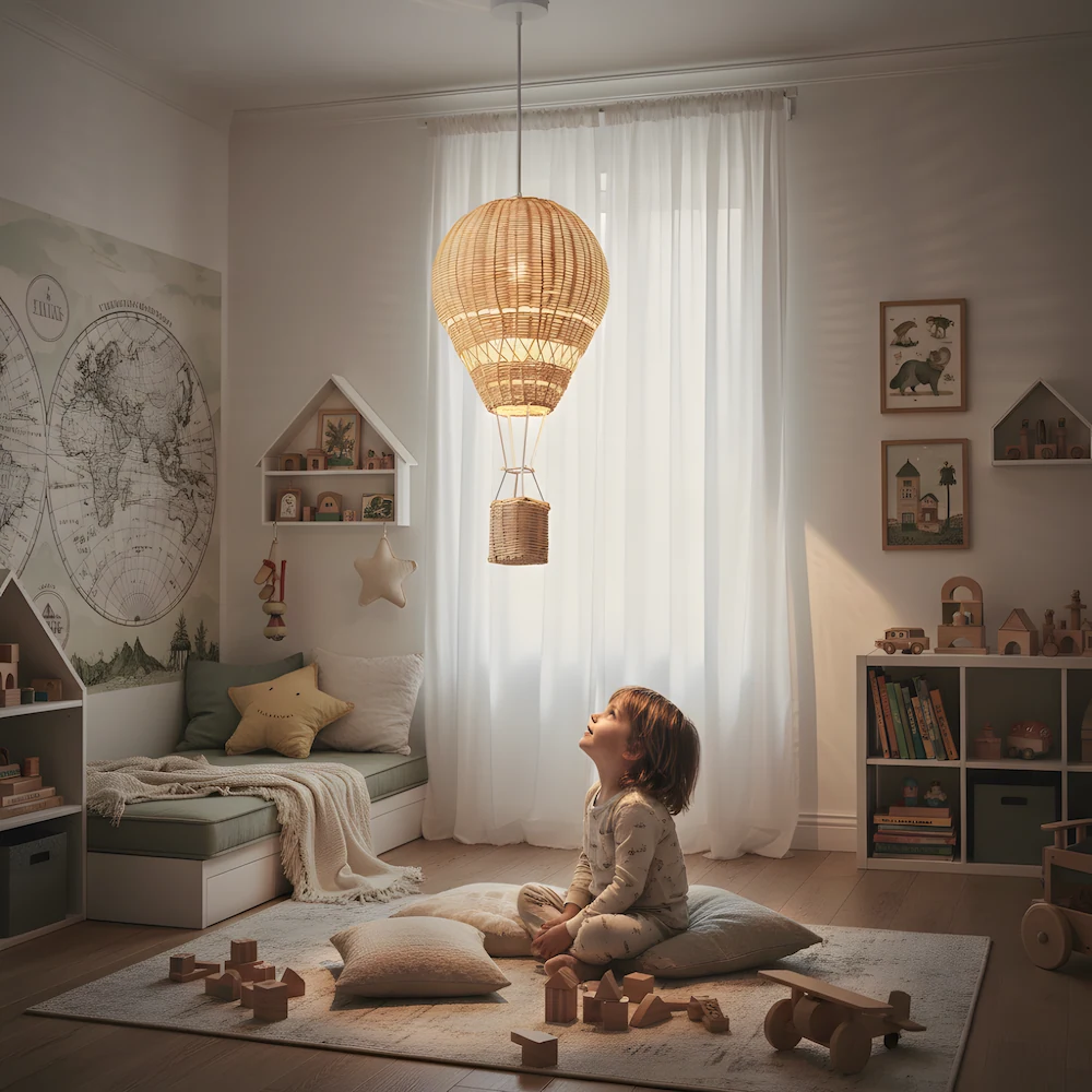 Handwoven rattan chandeliers ceiling light in child's playroom with natural light and wooden toys
