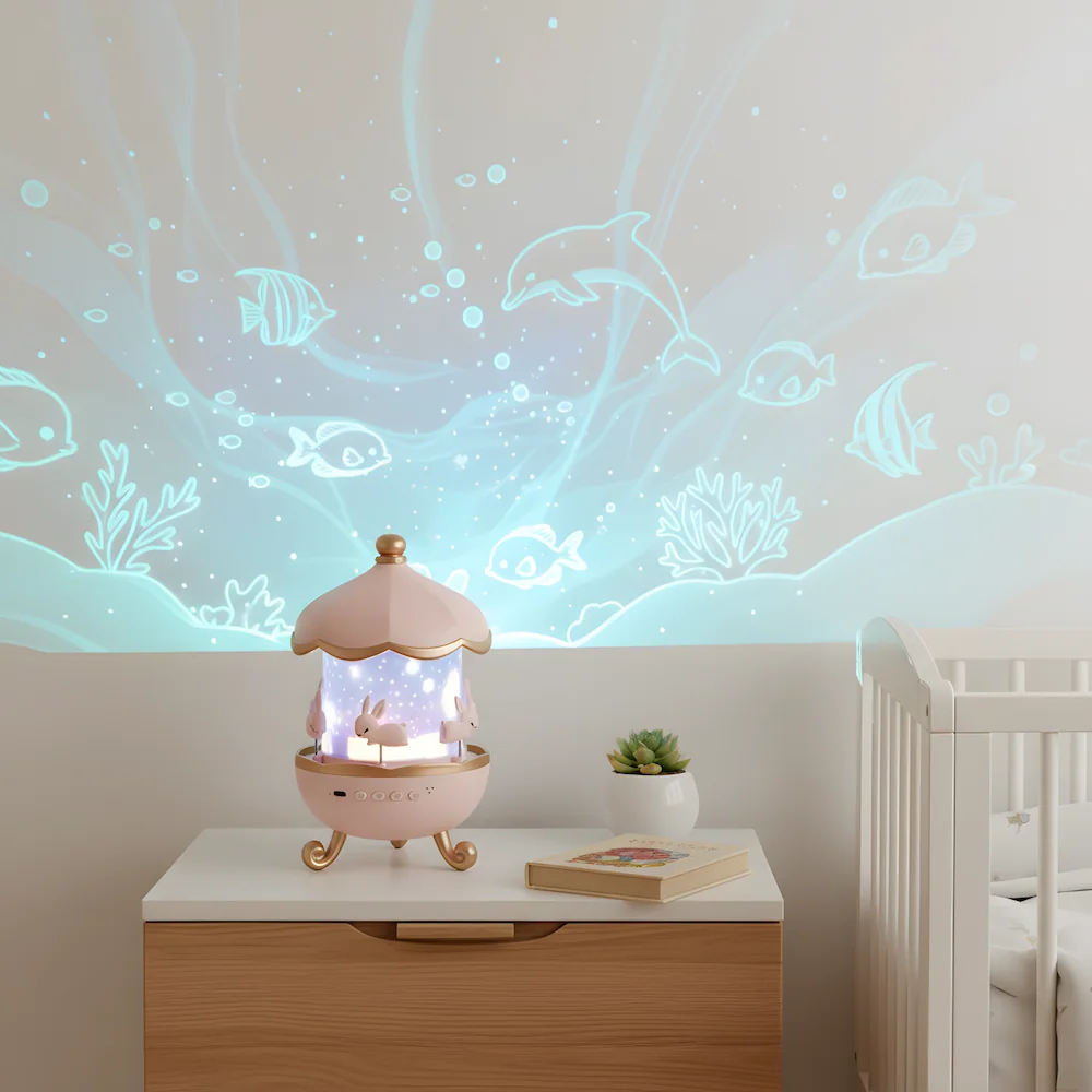Baby night light projector on nightstand with ocean projection