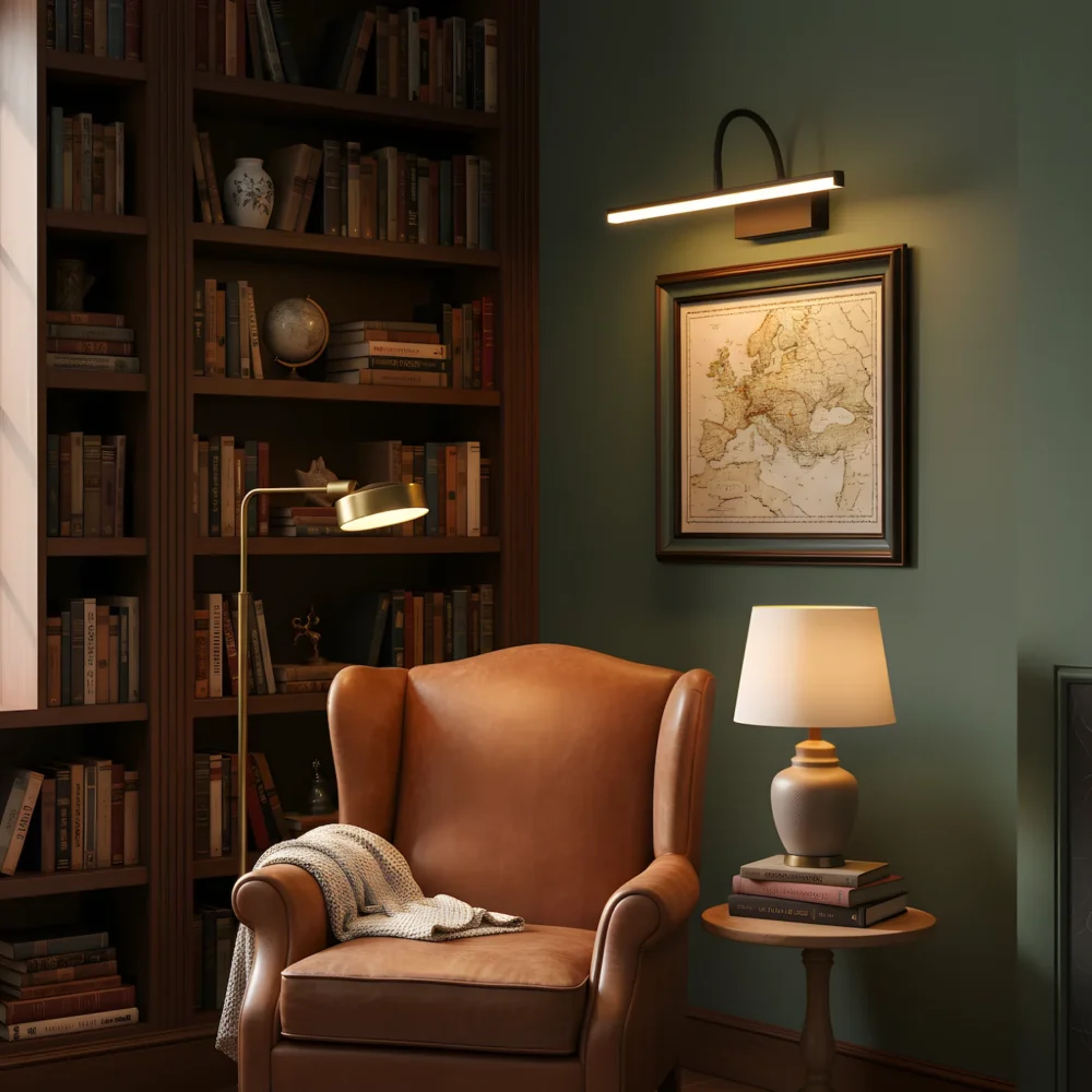 Battery picture light with flexible arm illuminating vintage map in traditional library reading room with leather armchair