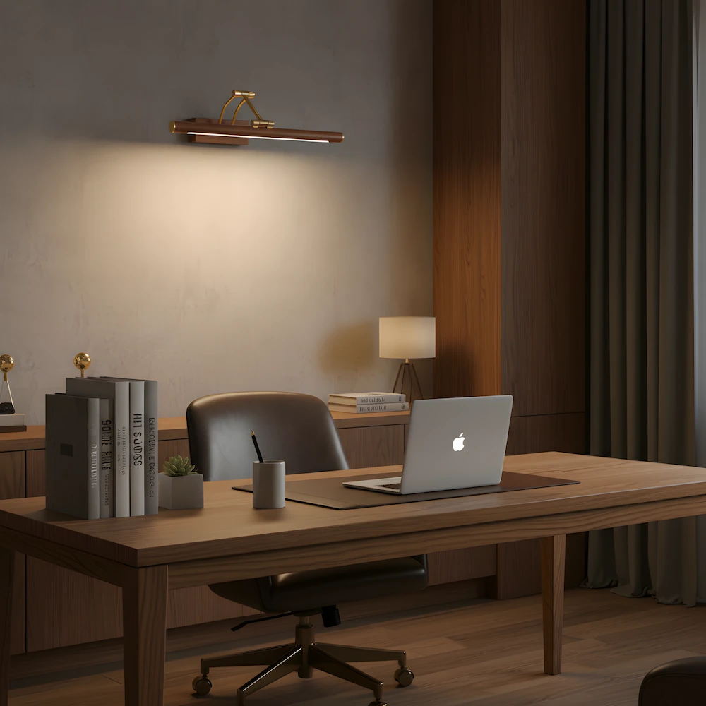 Brass and wood picture light creating ambient wall lighting in modern home office with walnut desk and MacBook