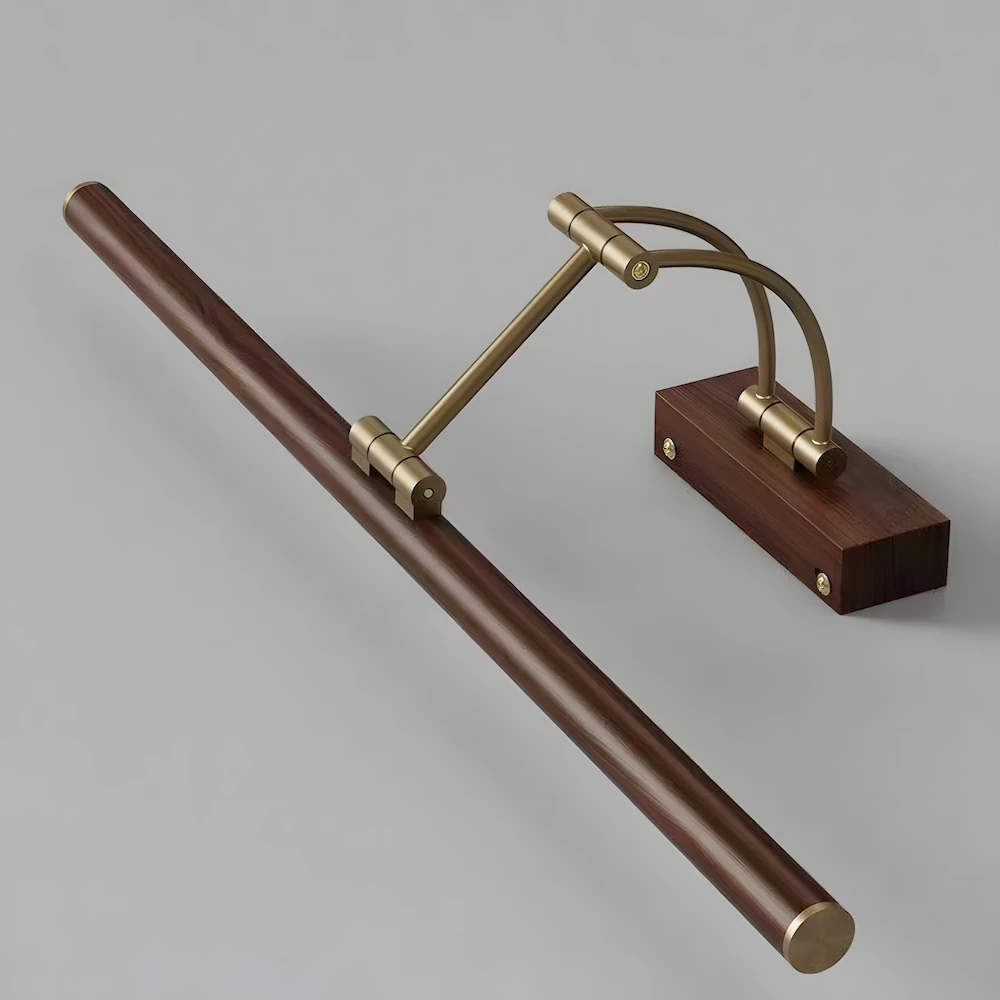 Brass and wood grain picture light 43cm with fully adjustable arm for optimal artwork illumination positioning