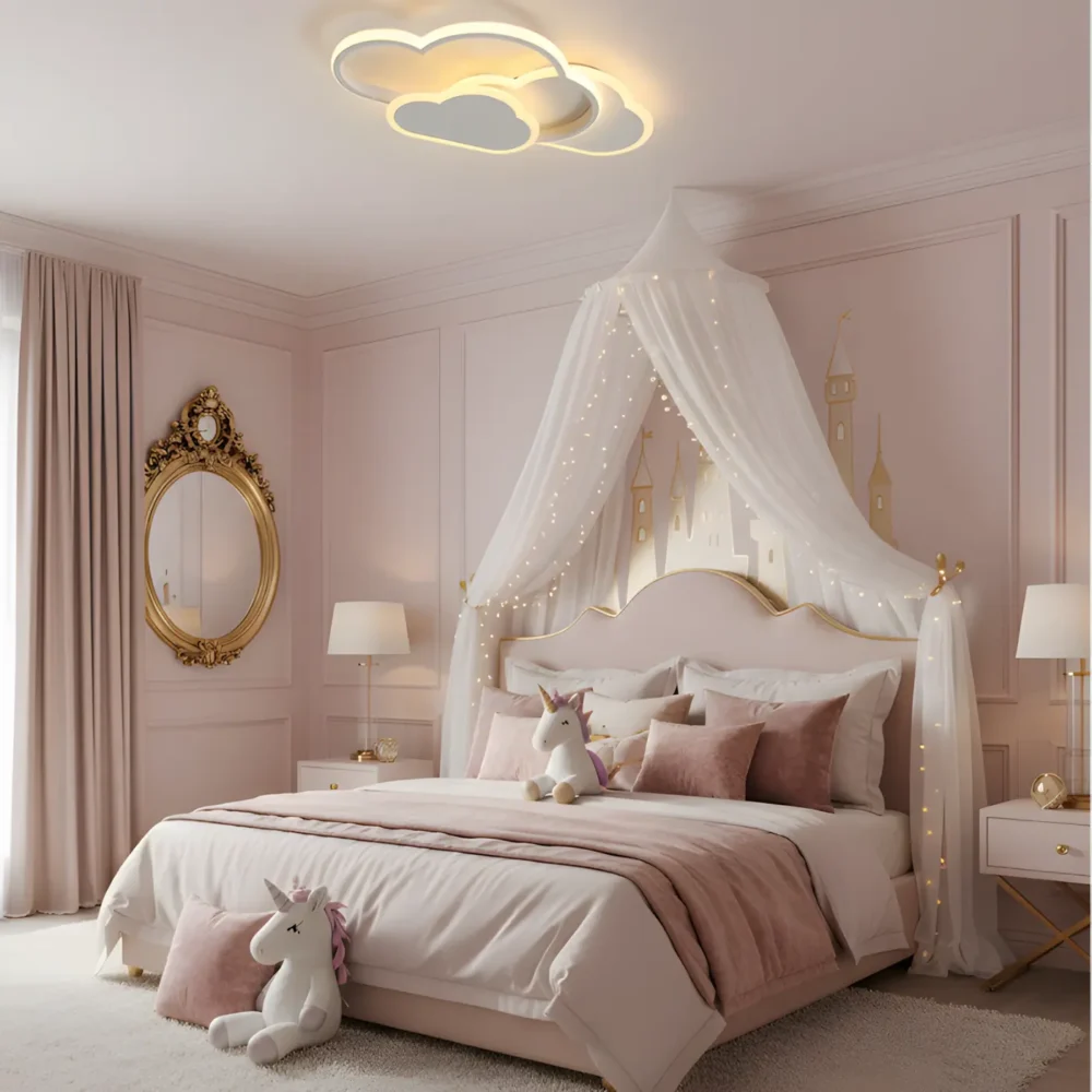 White cloud ceiling light in elegant princess-themed girl's bedroom with canopy bed