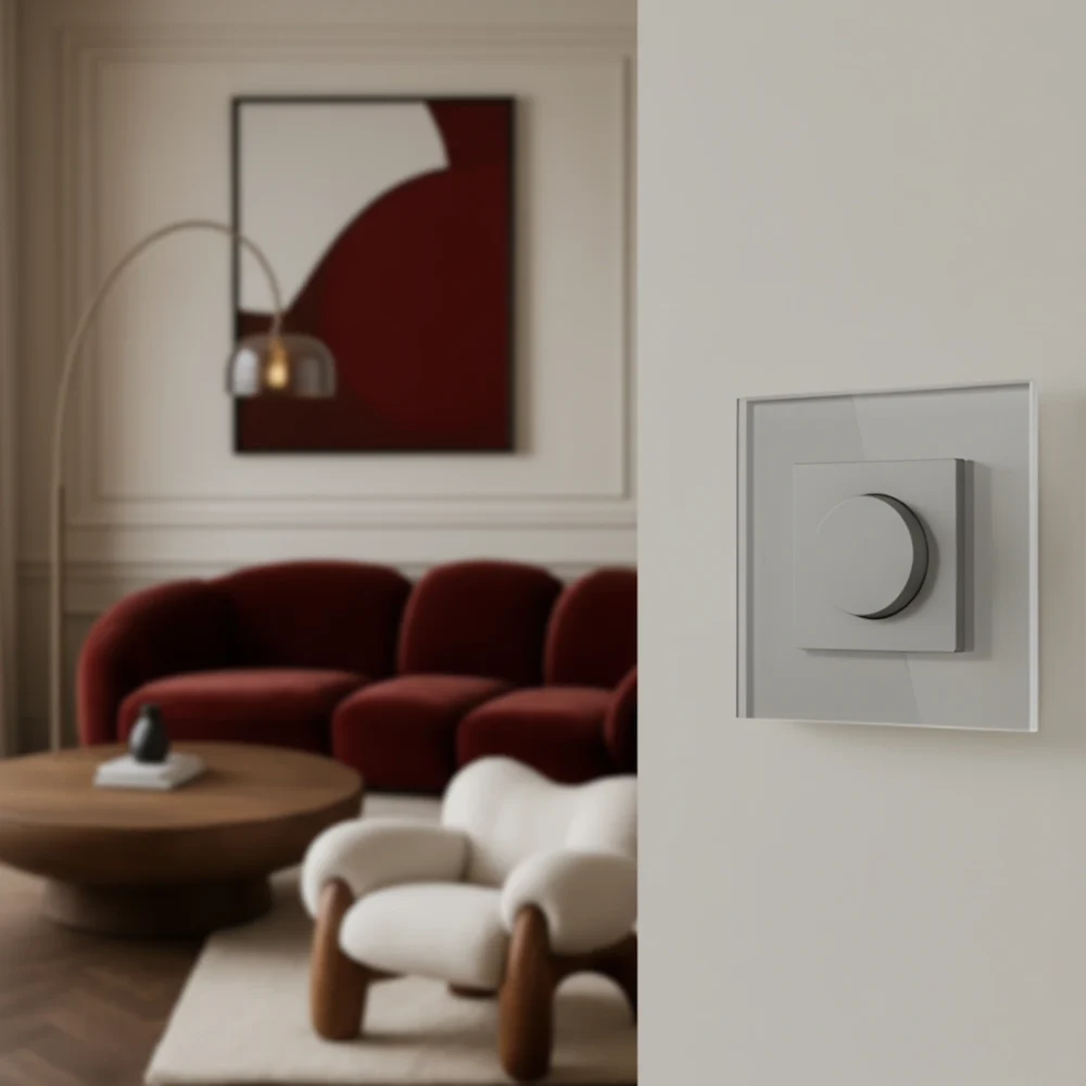 Grey dimmer light switch tropical living room concrete wall modern interior