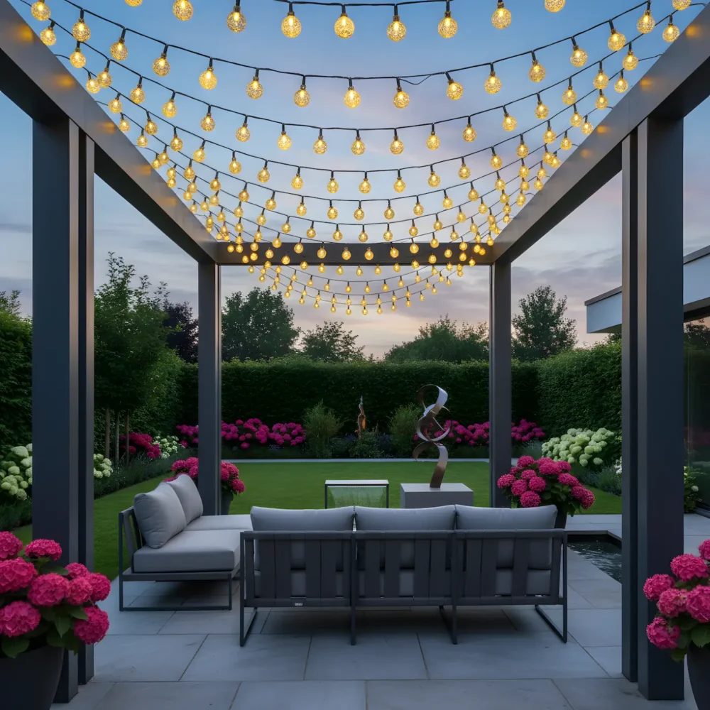 Solar crystal ball fairy lights outdoor with warm white glow on contemporary grey pergola in luxury British garden at blue hour