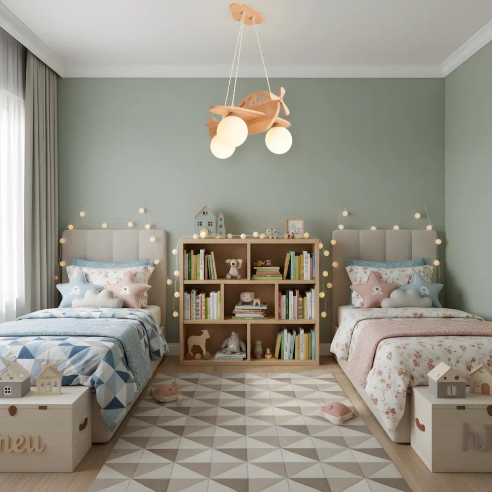 Wood chandelier centered above twin beds in shared kids room with sage green walls, coordinated bedding and fairy lights