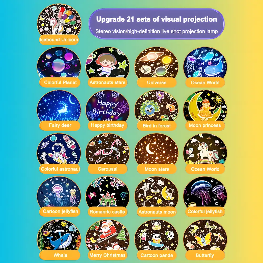 children's projector night light 21 interchangeable projection film themes including planets astronauts unicorns ocean christmas