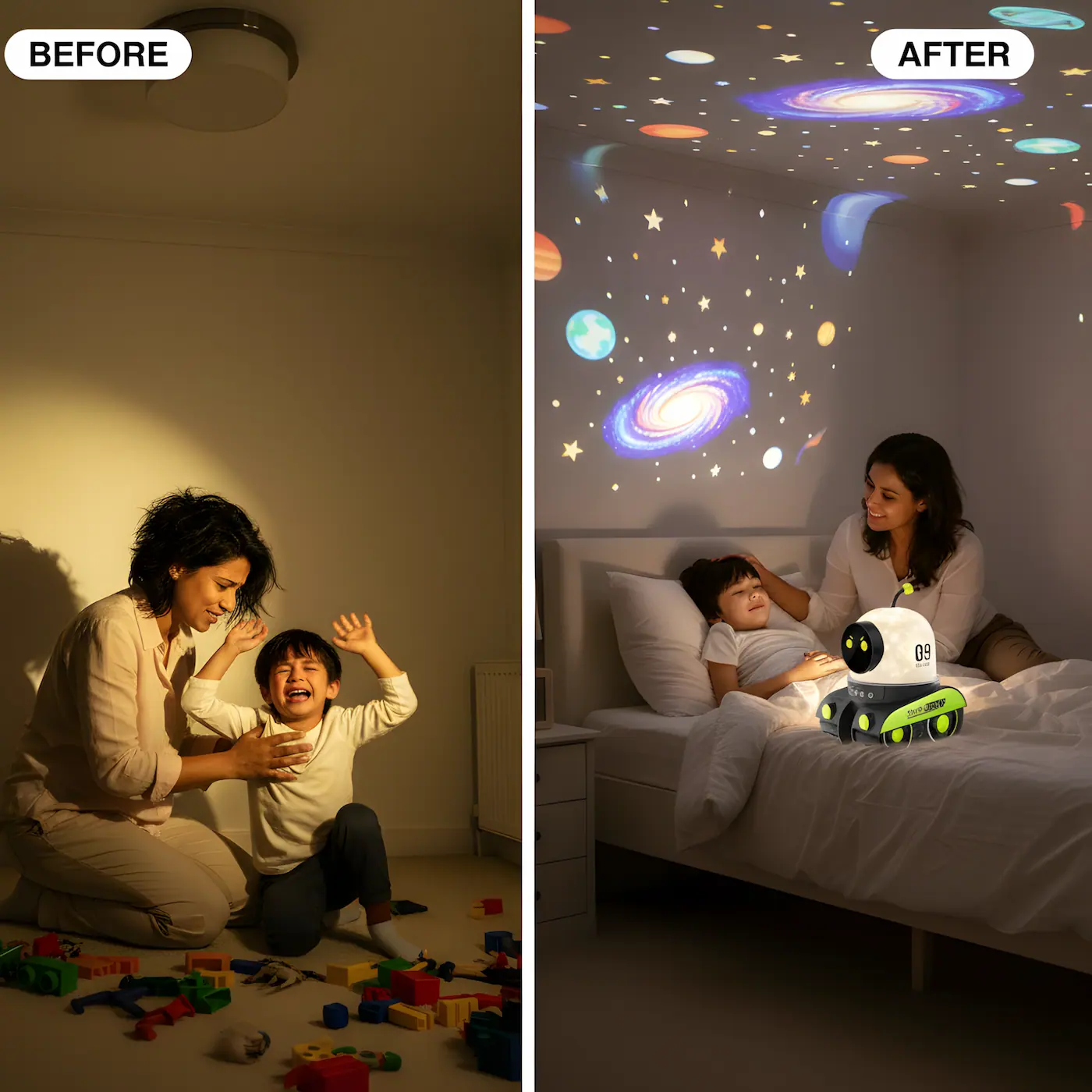before and after comparison showing crying child transformed to peaceful with children's projector night light galaxy projections