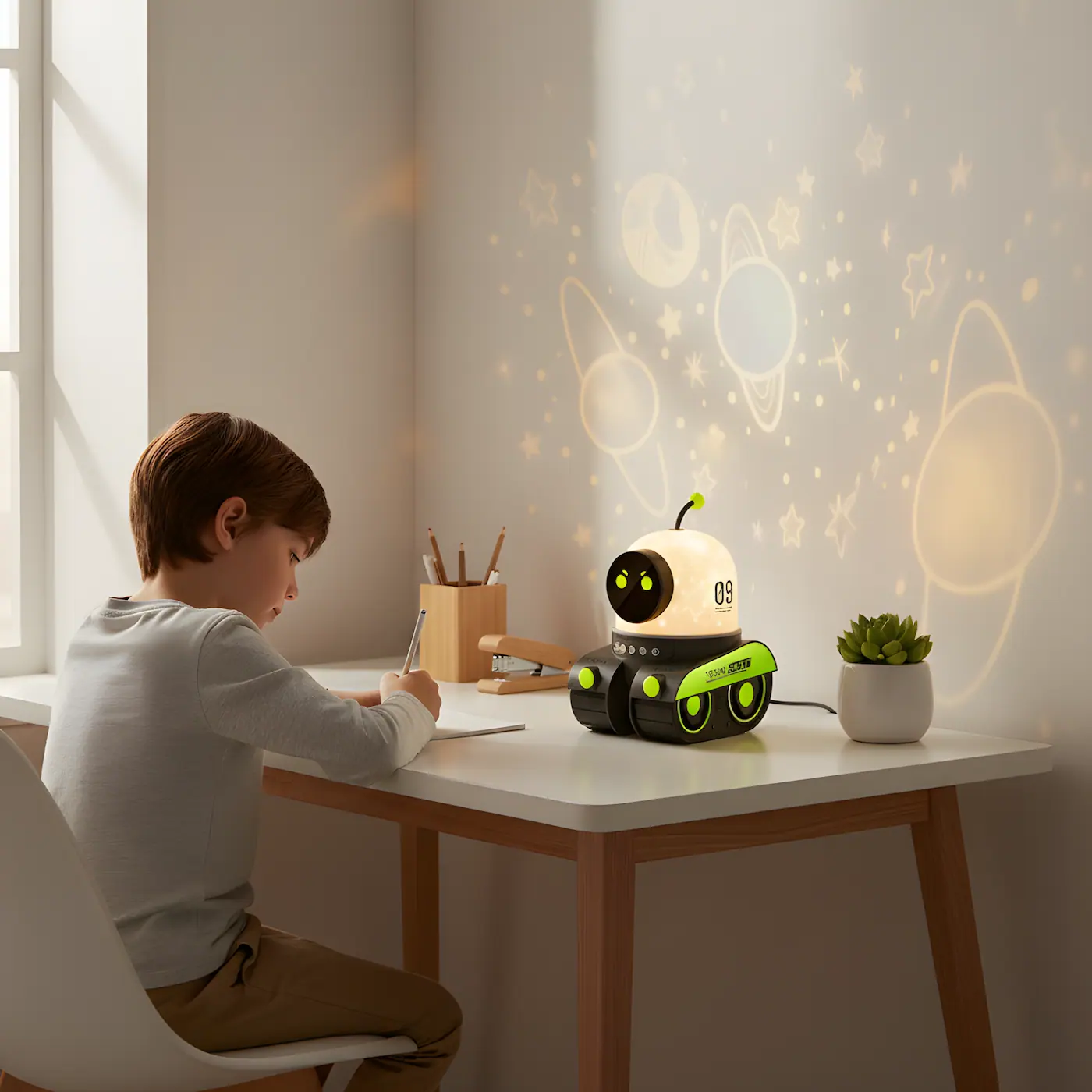 children's projector night light on study desk with child doing homework showing calm space projections on wall