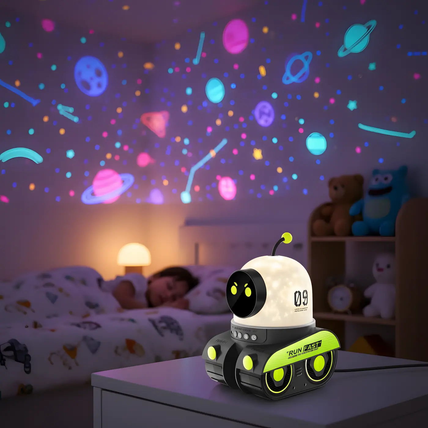 children's projector night light robot creating colourful galaxy star projections on bedroom ceiling with peaceful sleeping child