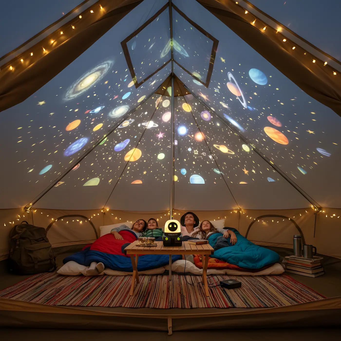 portable galaxy projector creating stunning planet projections inside glamping tent with happy family watching