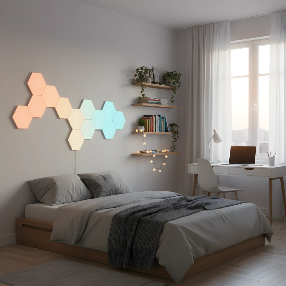 RGB hexagon LED lights in warm pastel orange and mint colors mounted on bedroom wall above desk creating cozy Scandinavian atmosphere