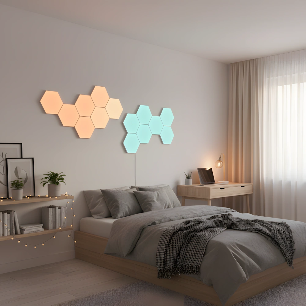 RGB hexagon lights arranged in two separate groups displaying warm peach and cool mint colors in minimalist bedroom with desk