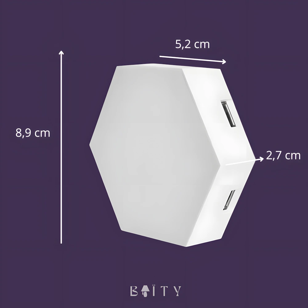 RGB hexagon LED lights technical dimensions showing 8.9cm height 5.2cm width and 2.7cm depth with connector ports specifications