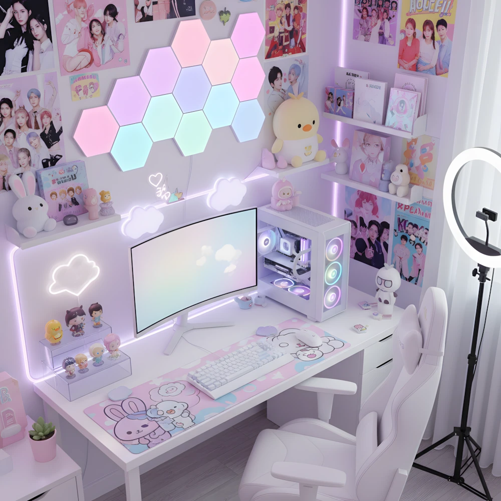 RGB hexagon lights in soft pastel pink purple and mint creating kawaii K-pop aesthetic gaming setup with plushies and merchandise