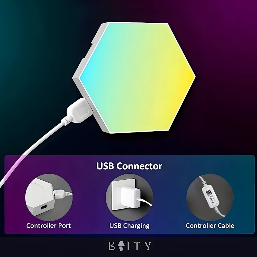 RGB hexagon LED lights USB connector and controller cable showing plug and play installation with charging port details