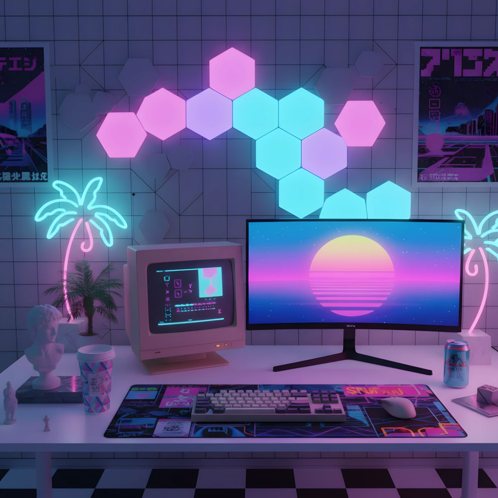 RGB hexagon lights in vaporwave aesthetic displaying pink purple and cyan gradient with palm tree neon signs and retro computer