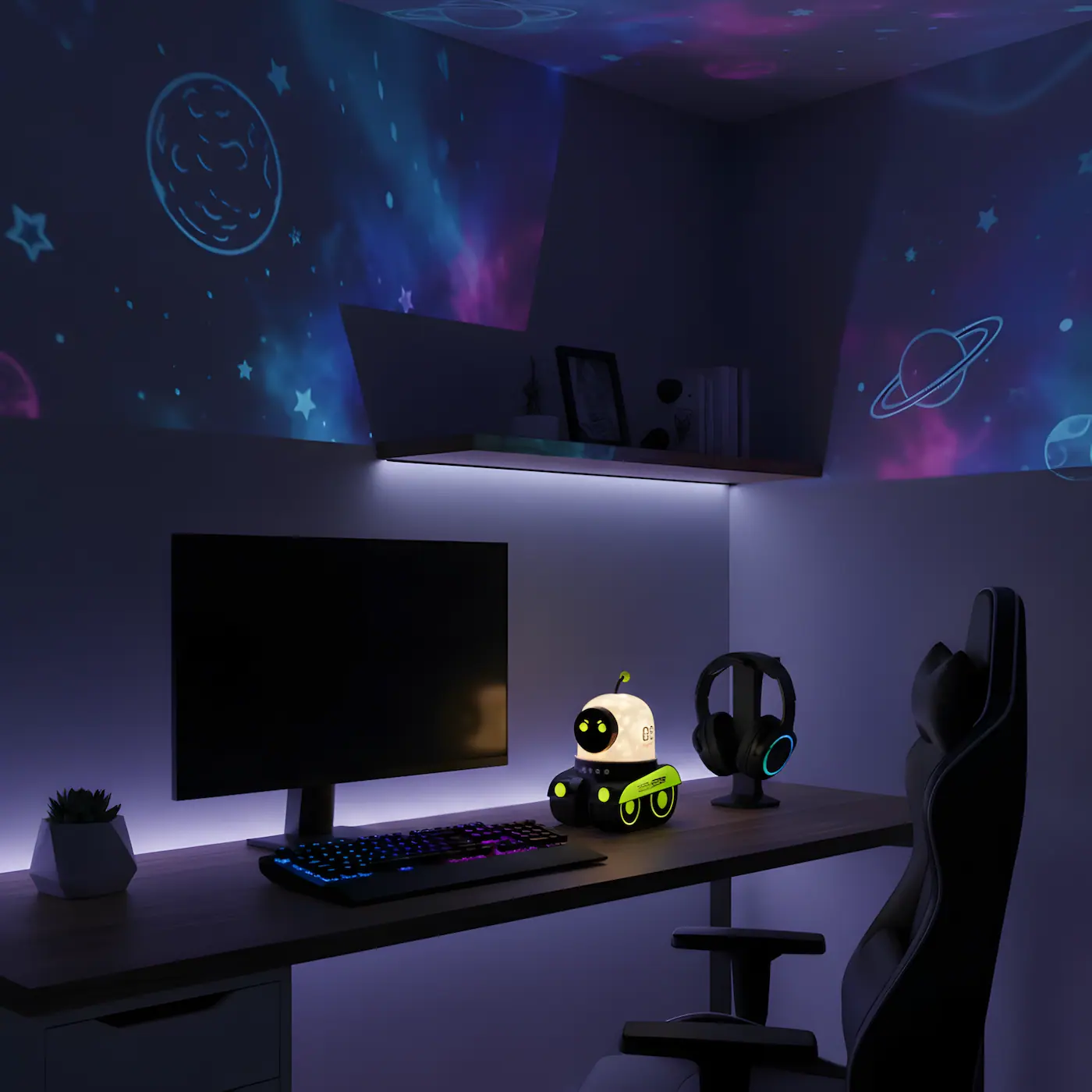 robot galaxy projector on gaming desk displaying space projections on walls in modern teen bedroom setup