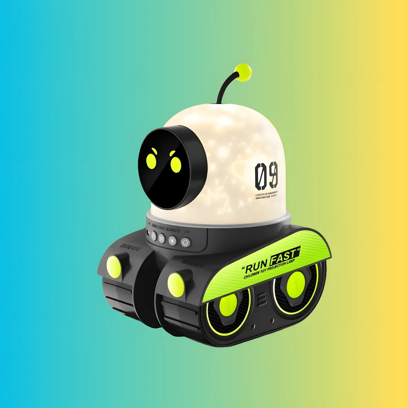 robot galaxy projector night light product photography on colourful gradient background showing cute design details