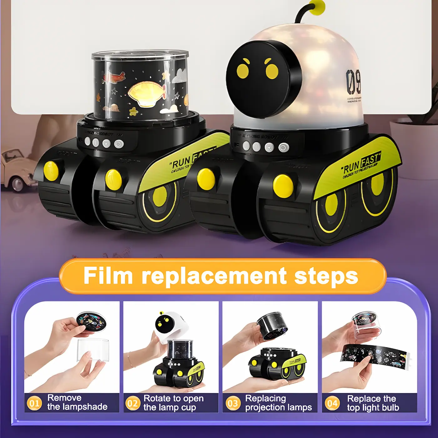robot projector showing easy film replacement steps with interchangeable projection discs