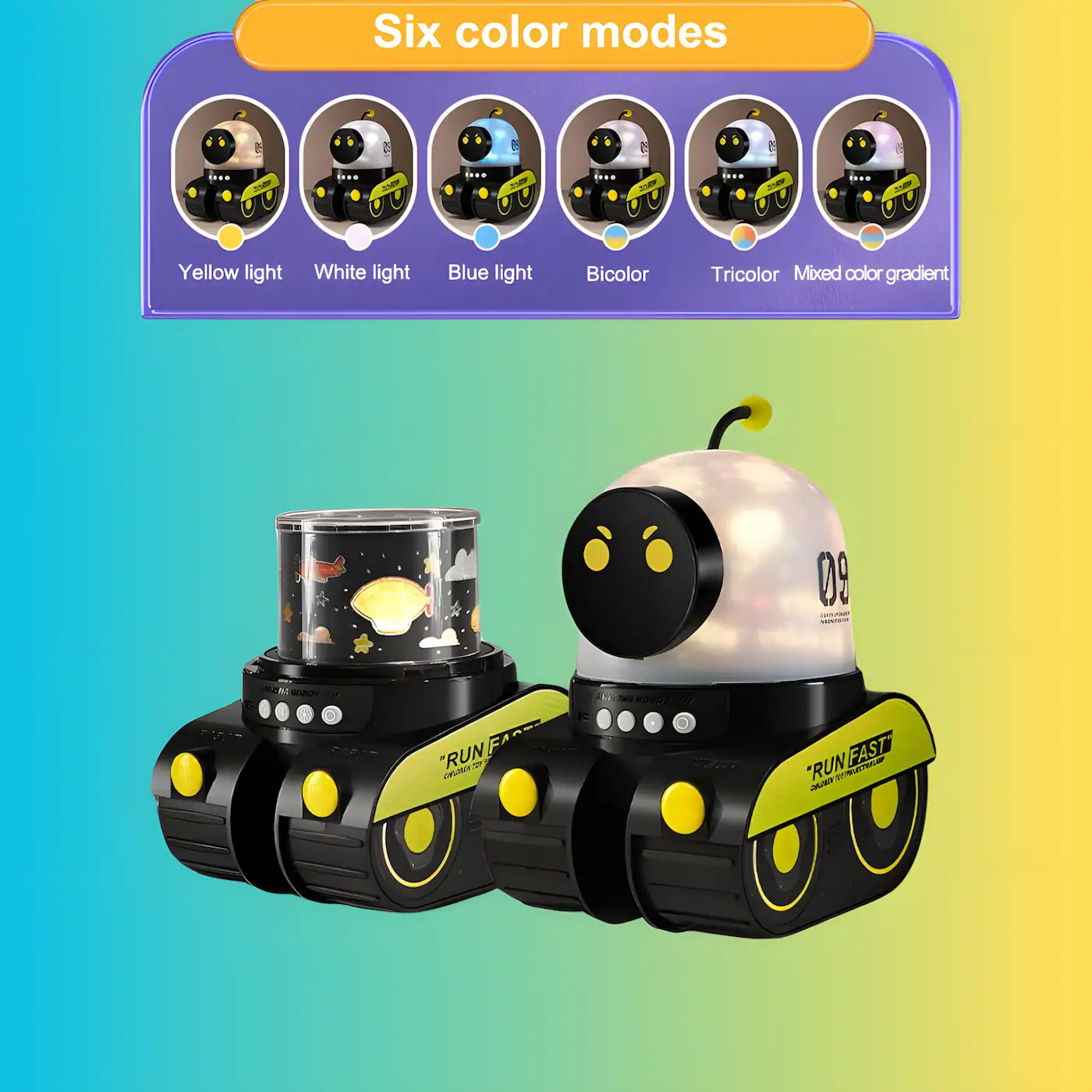 robot projector night light showing six different colour modes including yellow white blue bicolor tricolor and mixed gradient