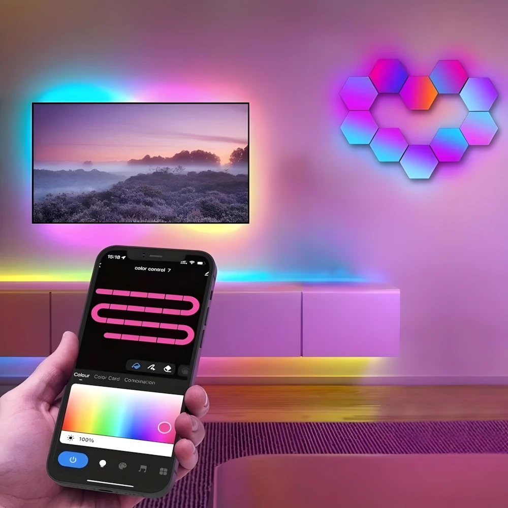 Wall of LED lights hexagon panels controlled via smartphone app showing color picker interface with TV backlight and LED strips