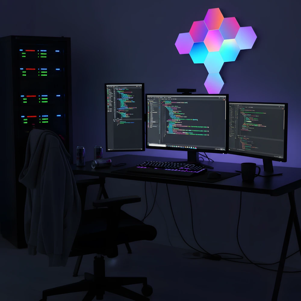Wall of LED lights RGB hexagon panels illuminating developer coding workspace with triple monitor setup displaying programming code