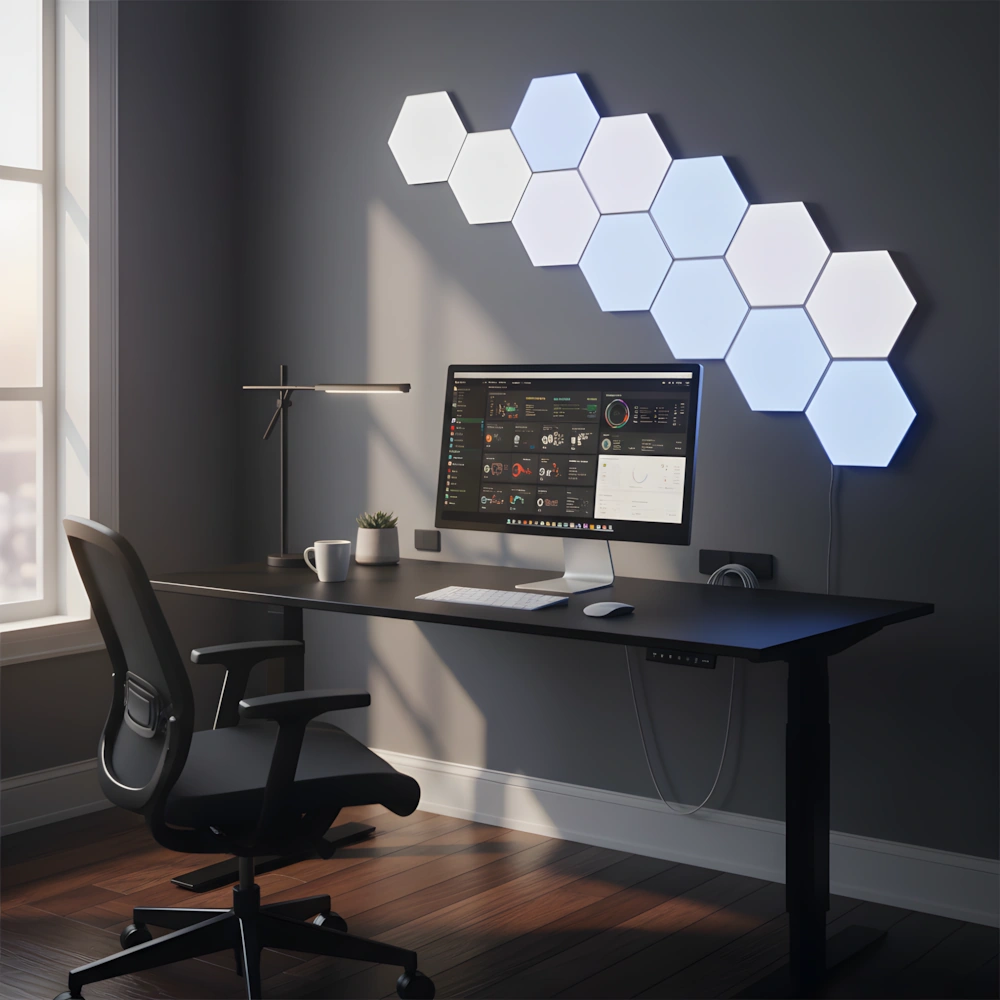 Wall of LED lights hexagon panels in cool white and blue tones illuminating modern home office desk with monitor and ergonomic chair
