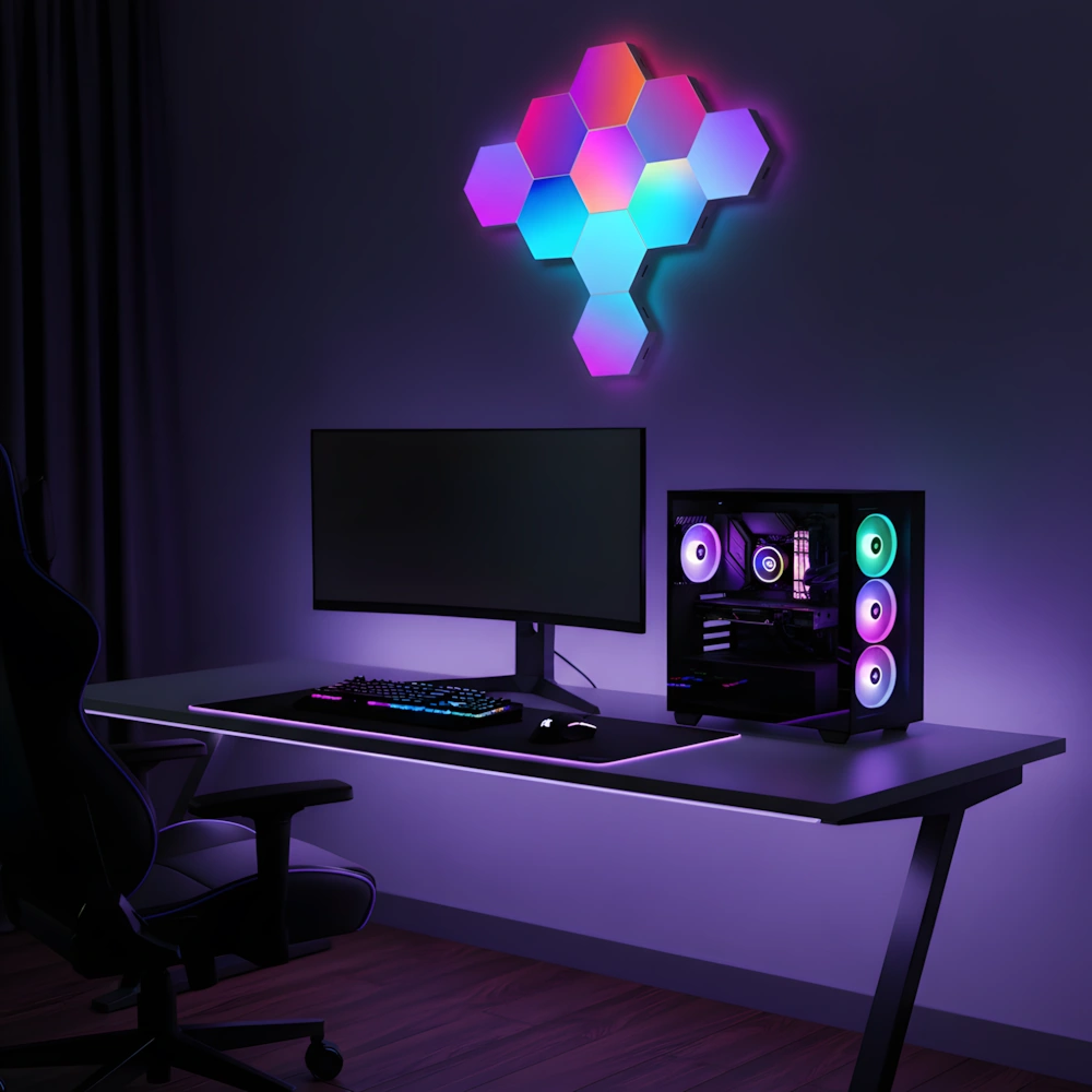Wall of LED lights RGB hexagon panels glowing purple and blue above gaming desk with PC and monitor creating atmospheric gaming room setup